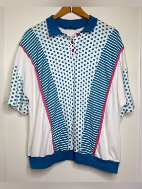 Vintage 80s 90s Mixed Prints Oversized Polo Top Collar Blue Pink White NO Size